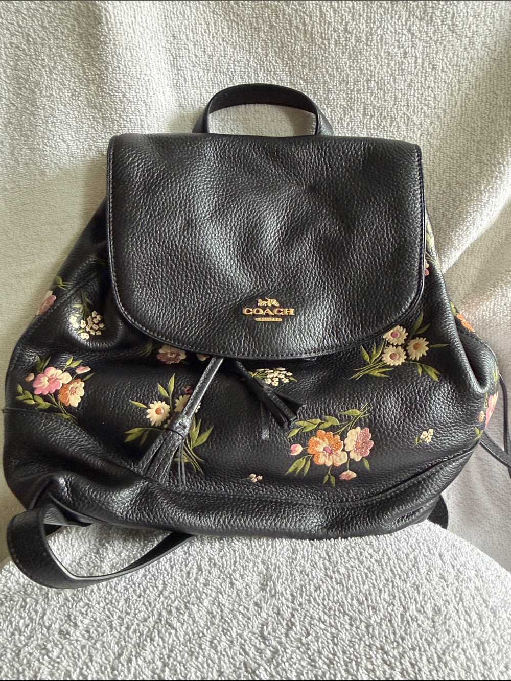 Coach Black Floral Pebbled Leather Backpack with Gold Logo
